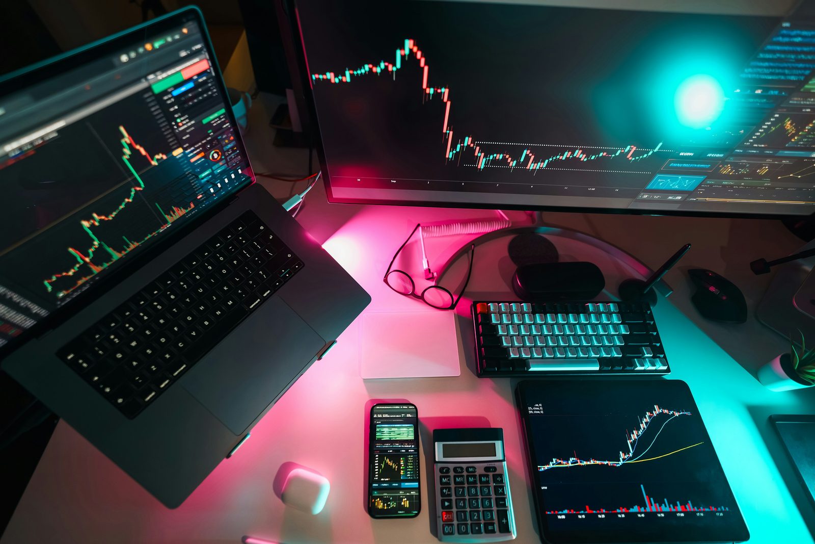 Trading desk with currency charts on several screens