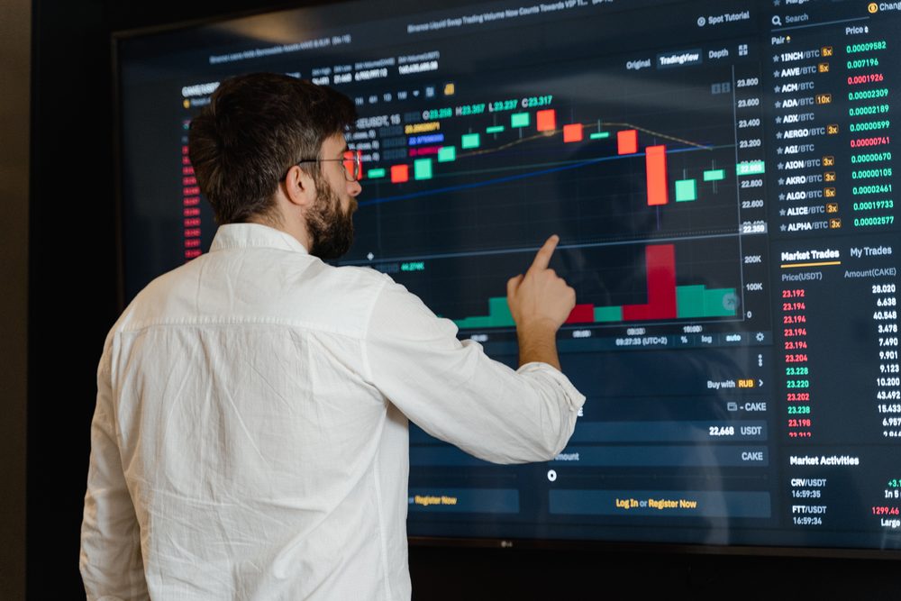Trader reviewing a chart on a large display
